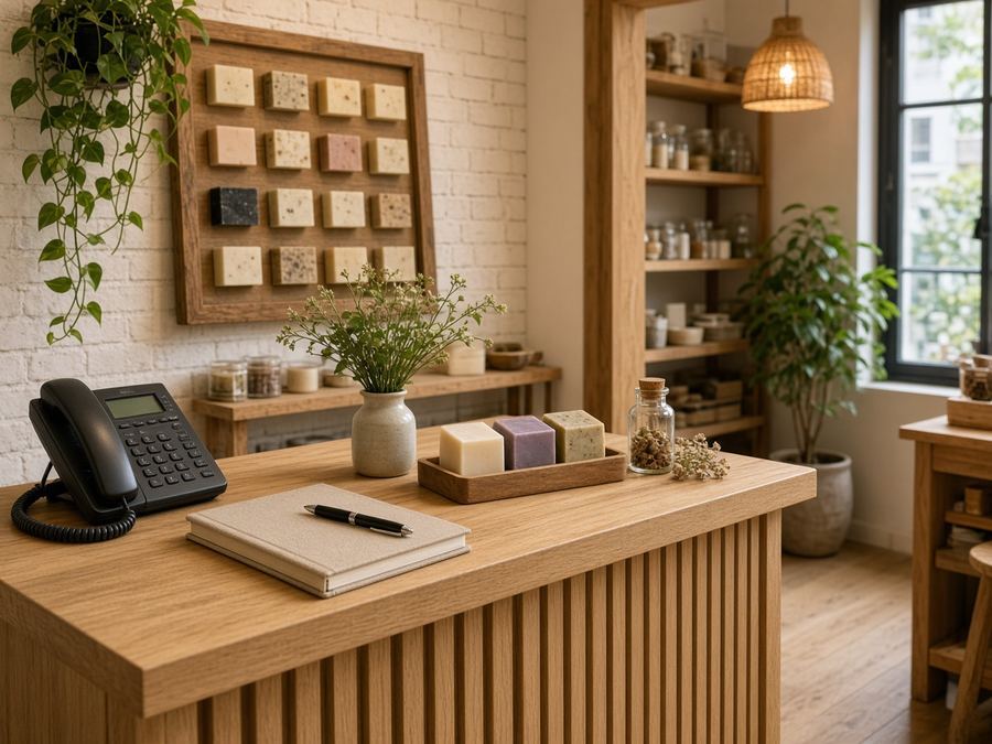 Contact desk at Wildridge Soap Atelier in Hong Kong